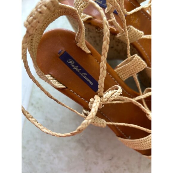 Ralph Lauren Purple Label 39.5 Beige Braided Raffia Wedge Sandals Cork Platform - Picture 5 of 11